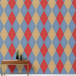 Preppy Classic Argyle Smoke Blue, Barn Red & Khaki Wallpaper