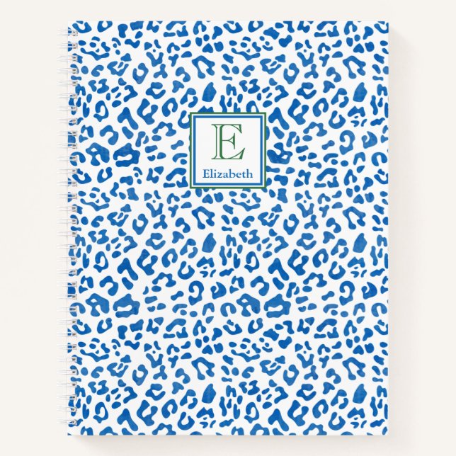 Preppy Classic Blue Animal Print & Green Monogram Notebook (Front)