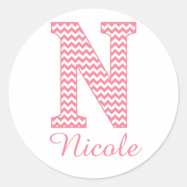 Preppy Classic Pink Chevon Letter N Monogram Classic Round Sticker (Front)