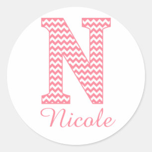 Preppy Classic Pink Chevon Letter N Monogram Classic Round Sticker