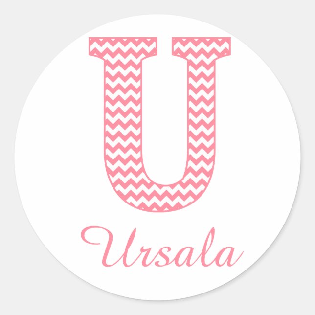Preppy Classic Pink Chevon Letter U Monogram Classic Round Sticker (Front)