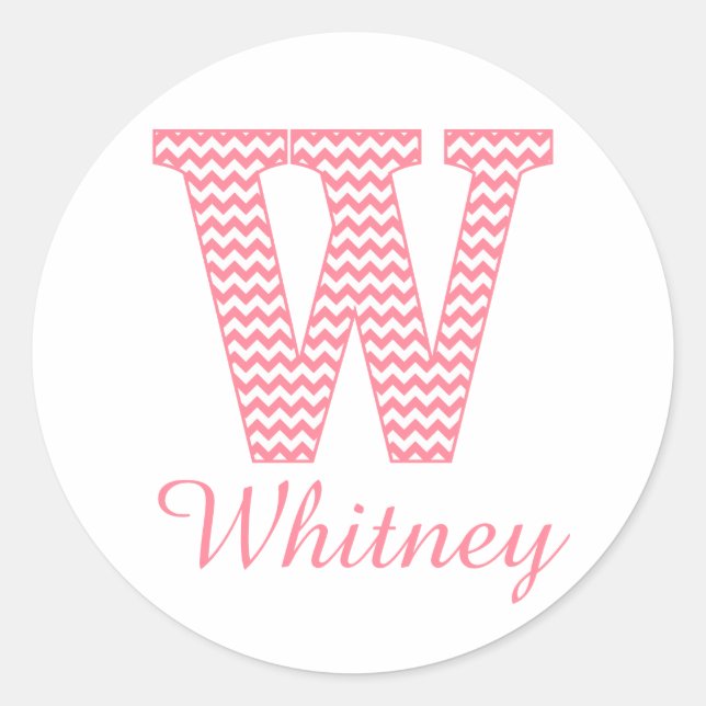 Preppy Classic Pink Chevon Letter W Monogram Classic Round Sticker (Front)
