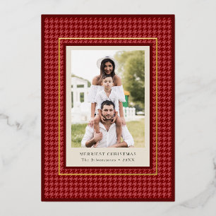 Preppy Classic Red Houndstooth Christmas Photo Foil Holiday Card