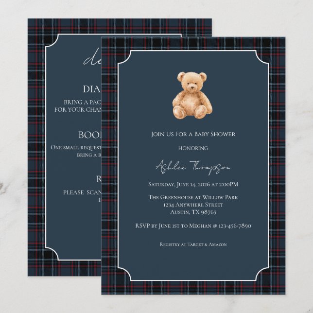 Preppy Classic Teddy Bear Baby Shower Invitation (Front/Back)