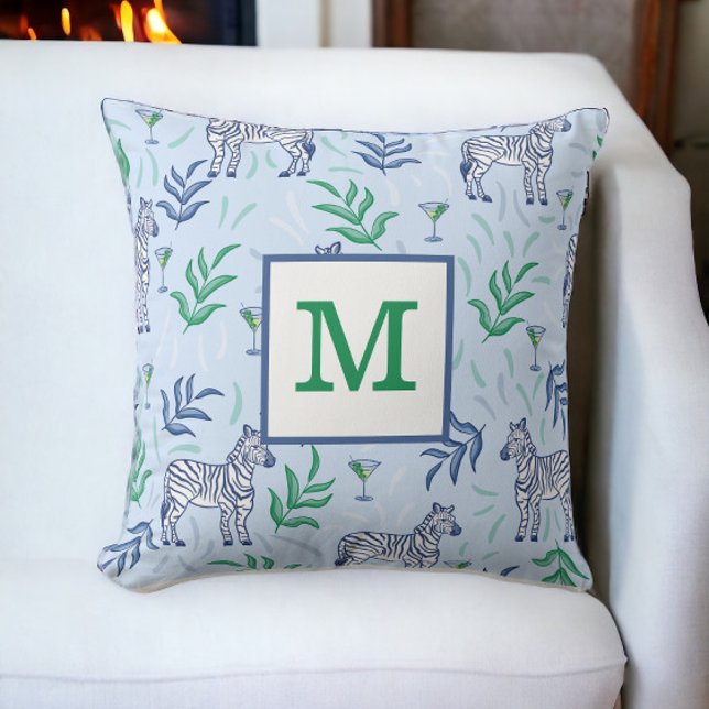 Preppy Classic Zebras and Martinis Blue Monogram  Cushion (Creator Uploaded)