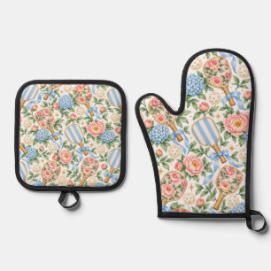 Preppy Coastal Chic Pickleball Blue & Blush Pink Oven Mitt & Pot Holder Set