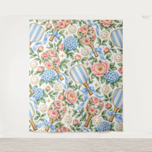 Preppy Coastal Chic Pickleball Blue & Blush Pink Tapestry