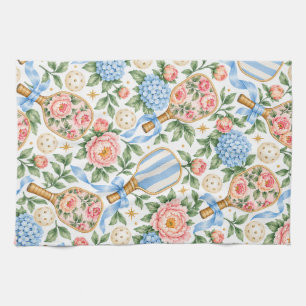 Preppy Coastal Chic Pickleball Blue & Blush Pink Tea Towel