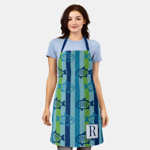Preppy Coastal Fish Green Blue Stripe Apron