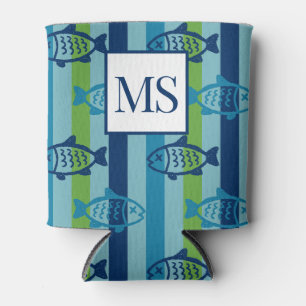 Preppy Coastal Fish Green Blue Stripe Can Cooler