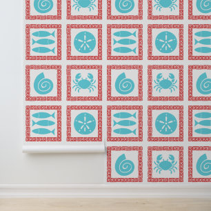 Preppy Coastal Greek Key Red & Turquoise Wallpaper