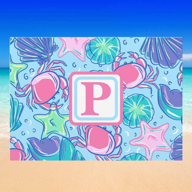 Preppy Coastal Monogram Shells Pink Crab Blue Postcard (Creator Uploaded)