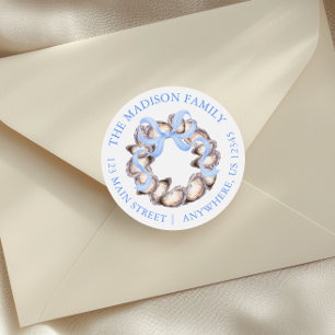 Preppy Coastal Oyster Bow Wreath Christmas Address Classic Round Sticker