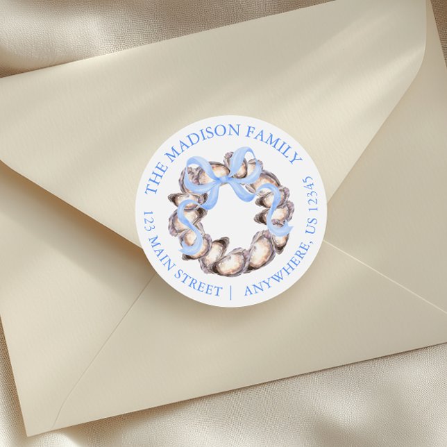 Preppy Coastal Oyster Bow Wreath Christmas Address Classic Round Sticker (Creator Uploaded)