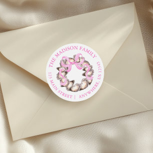 Preppy Coastal Oyster Bow Wreath Christmas Address Classic Round Sticker