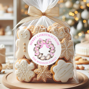 Preppy Coastal Oyster Bow Wreath Christmas Address Classic Round Sticker