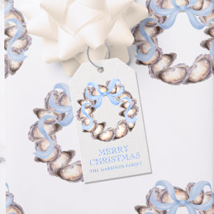 Preppy Coastal Oyster Bow Wreath Christmas Gift Tags