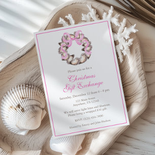 Preppy Coastal Oyster Bow Wreath Christmas Party Invitation