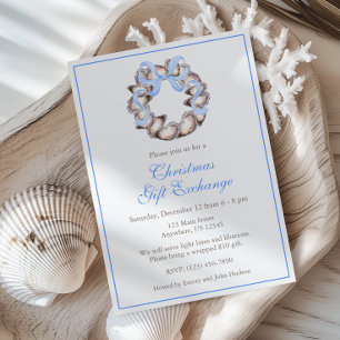 Preppy Coastal Oyster Bow Wreath Christmas Party Invitation