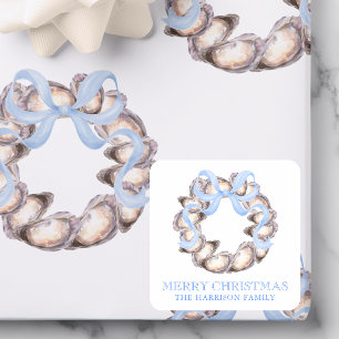 Preppy Coastal Oyster Bow Wreath Christmas Square Sticker
