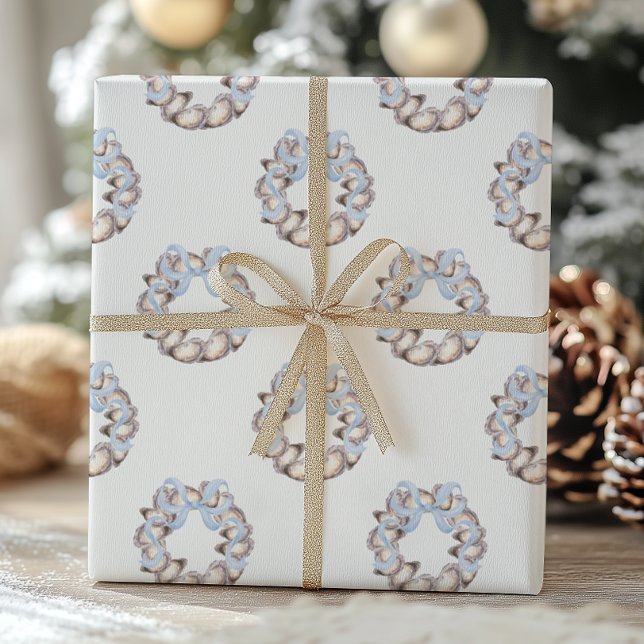 Preppy Coastal Oyster Bow Wreath Christmas Wrapping Paper (Creator Uploaded)