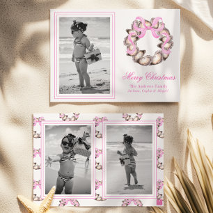 Preppy Coastal Oyster Bow Wreath Photo Holiday Card