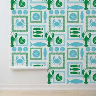 Preppy Coastal Patchwork Green & Turquoise Wallpaper