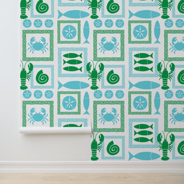 Preppy Coastal Patchwork Green & Turquoise        Wallpaper (Application)