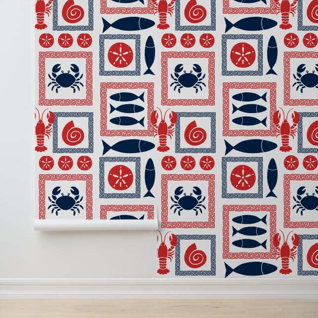 Preppy Coastal Patchwork Red & Navy         Wallpaper (Application)