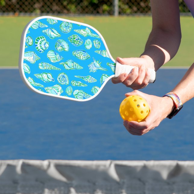 Preppy Coastal Sea Shells on Blue Seaside  Pickleball Paddle (Insitu)