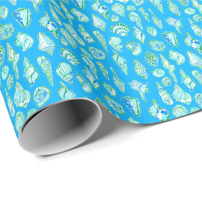 Preppy Coastal Sea Shells on Blue Seaside Wrapping Paper (Roll Corner)