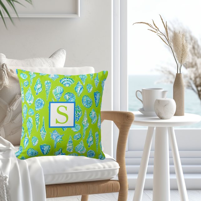 Preppy Coastal Sea Shells on Lime Green Monogram Cushion (Creator Uploaded)