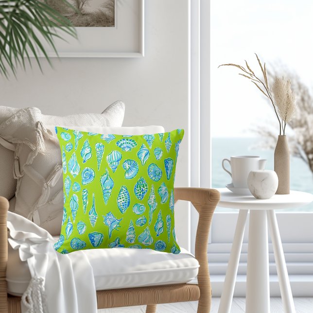 Preppy Coastal Sea Shells on Lime Green Seaside Cushion (Creator Uploaded)