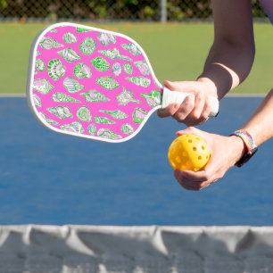 Preppy Coastal Sea Shells on Pink Seaside Pickleball Paddle