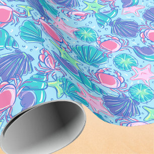 Preppy Coastal Seashell Jellyfish Pink Crab  Wrapping Paper