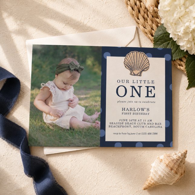 Preppy Coastal Shell First Birthday Photo Invitation (Preppy Coastal Shell First Birthday Photo Invitation)