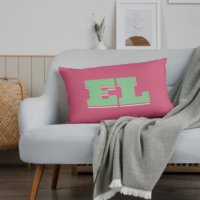 Preppy Collegiate Monogram Decorative Cushion (Add a touch of retro to your space with this vibrant green and pink monogram throw pillow.)