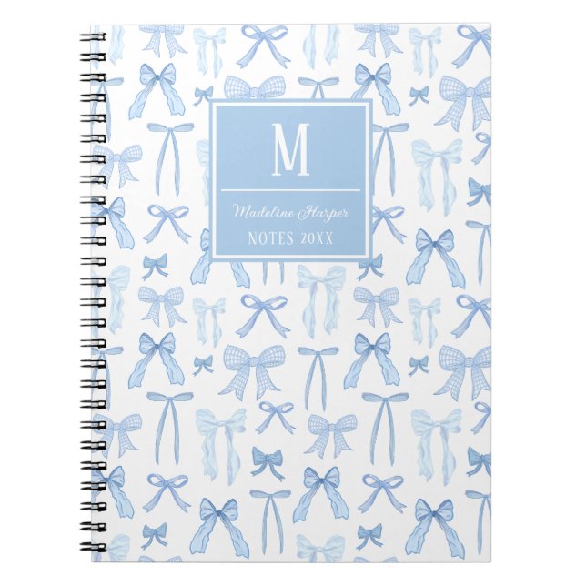 Preppy Coquette Blue Bows Monogram Personalised Notebook (Front)
