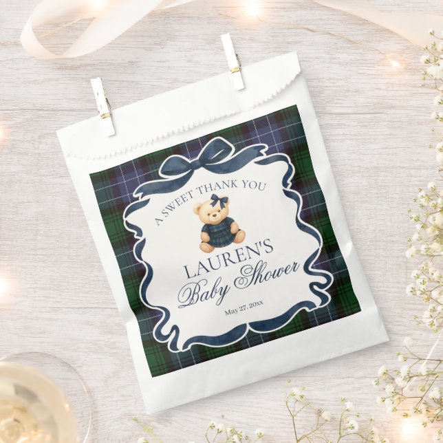 Preppy Coquette Bow Bear Plaid Baby Shower Dessert Favour Bag (Clipped)
