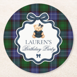 Preppy Coquette Bow Bear Plaid Birthday Round Paper Coaster
