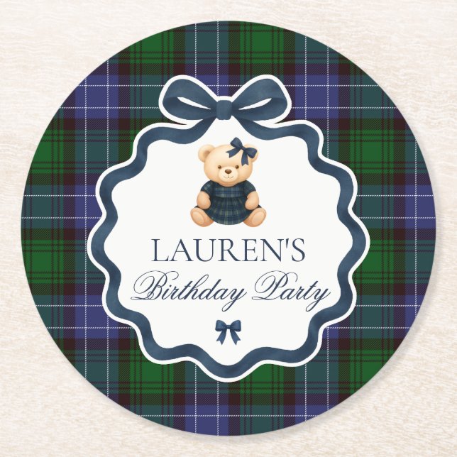 Preppy Coquette Bow Bear Plaid Birthday  Round Paper Coaster (Front)