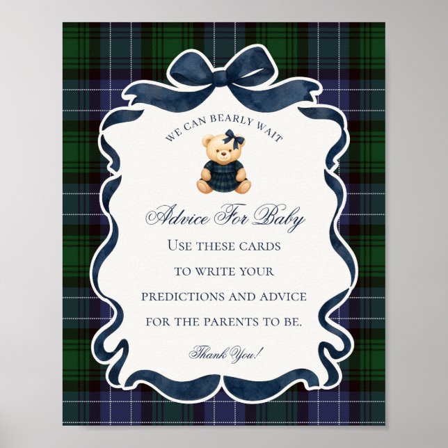 Preppy Coquette Bow Bear Shower Advice for Baby Poster (Front)