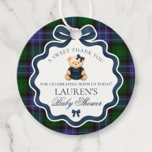 Preppy Coquette Bow Bear Tartan Baby Shower Circle Favour Tags