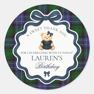 Preppy Coquette Bow Bear Tartan Birthday Favor Classic Round Sticker