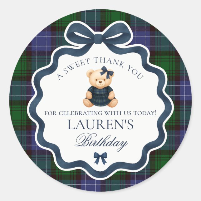 Preppy Coquette Bow Bear Tartan Birthday Favour Classic Round Sticker (Front)