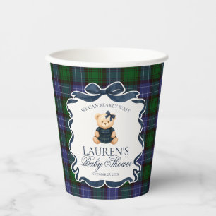 Preppy Coquette Bow Bear Tartan Plaid Baby Shower Paper Cups