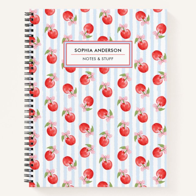 Preppy Coquette Red Cherry Pink Bow Personalised Notebook (Front)