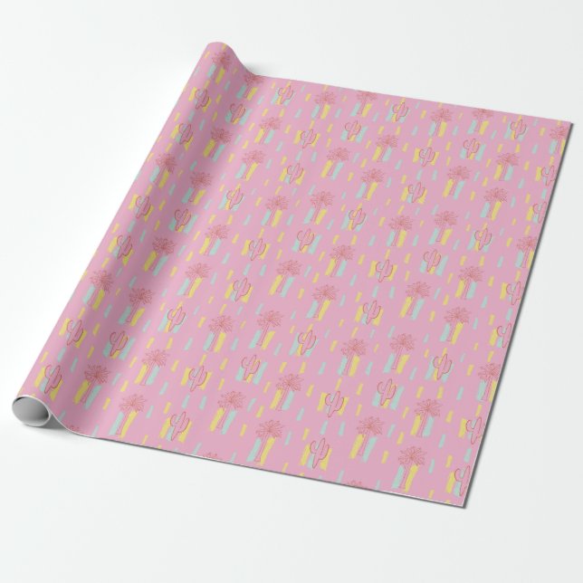 Preppy Coquette Retro Palm Trees & Cactus Pattern  Wrapping Paper (Unrolled)