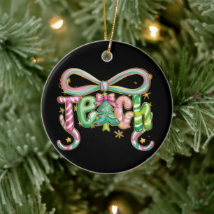 Preppy Coquette Teach Christmas Teacher Holiday  Ceramic Ornament
