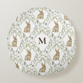 Preppy Coquette Watercolor Bunny Custom Monogram Round Cushion